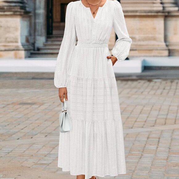 Women's 2025 Fall Puff Long Sleeve Maxi Dress Casual V Neck Elastic Waist Tiered - Picture 4 of 6